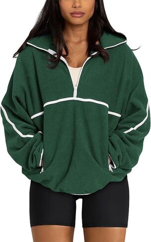 LASLULU Womens Half Zip Pullover Sweatshirt Sherpa Fleece Jacket Oversized Sweatshirts Warm Fuzzy Sweaters Pockets in Kuwait