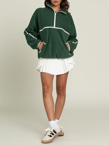 LASLULU Womens Half Zip Pullover Sweatshirt Sherpa Fleece Jacket Oversized Sweatshirts Warm Fuzzy Sweaters Pockets in Kuwait