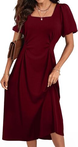 Happy Sailed Women's Summer Short Sleeve Square Neck Ruched Waist Flowy A Line Midi Cocktail Party Dress in Saudi Arabia