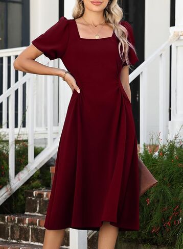 Happy Sailed Women's Summer Short Sleeve Square Neck Ruched Waist Flowy A Line Midi Cocktail Party Dress in Saudi Arabia