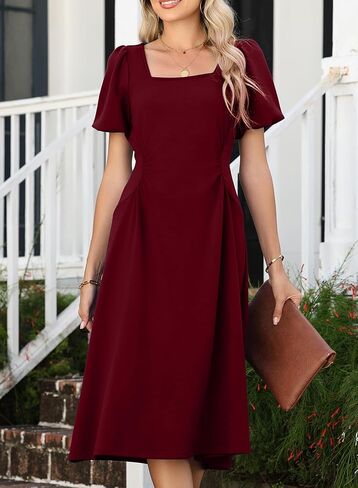 Happy Sailed Women's Summer Short Sleeve Square Neck Ruched Waist Flowy A Line Midi Cocktail Party Dress in Saudi Arabia