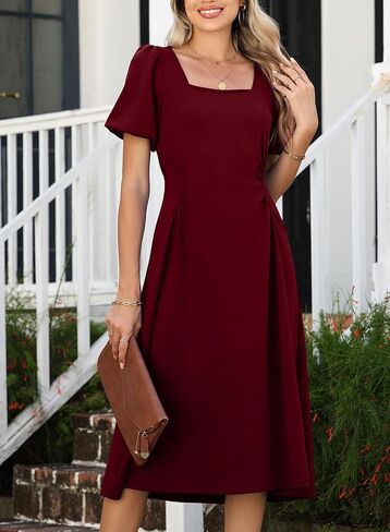 Happy Sailed Women's Summer Short Sleeve Square Neck Ruched Waist Flowy A Line Midi Cocktail Party Dress in Saudi Arabia