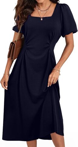 Happy Sailed Women's Summer Short Sleeve Square Neck Ruched Waist Flowy A Line Midi Cocktail Party Dress in Saudi Arabia
