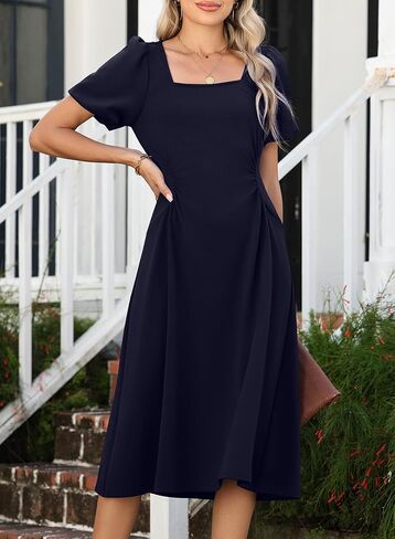 Happy Sailed Women's Summer Short Sleeve Square Neck Ruched Waist Flowy A Line Midi Cocktail Party Dress in Saudi Arabia