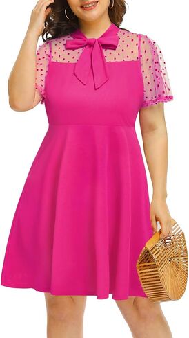Pinup Fashion Women's Plus Size Contrast Mesh Short Sleeve Bow Tie Neck Cocktail Party Elegant A-Line Dress in Kuwait