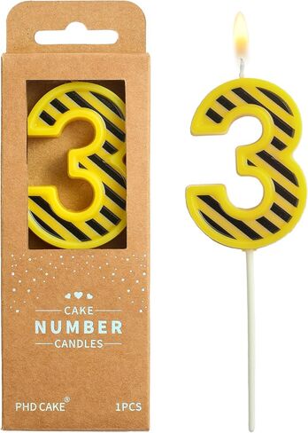 PHD CAKE 2.76 Inch Number 3 Construction Birthday Candles, Yellow and White Stripes Number Candles, Cake Number Candles, Party Celebration, Style Candle in Kuwait