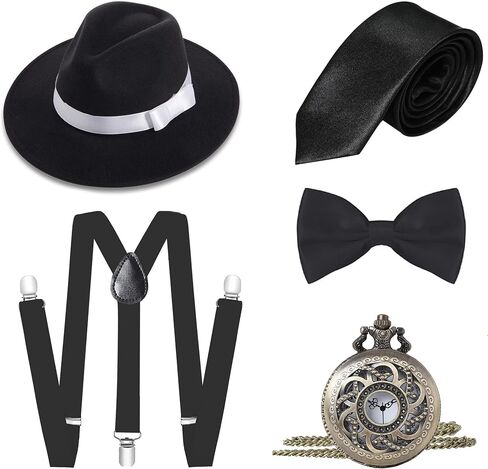 BABEYOND 1920s Mens Gatsby Gangster Costume Accessories Set 30s Manhattan Fedora Hat Suspenders in Saudi Arabia