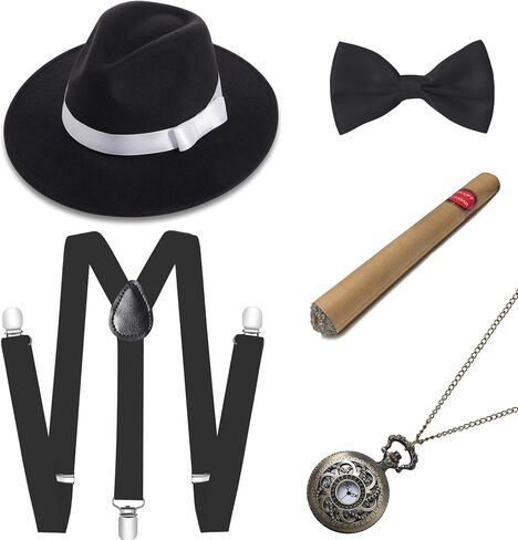 BABEYOND 1920s Mens Gatsby Gangster Costume Accessories Set 30s Manhattan Fedora Hat Suspenders in Saudi Arabia
