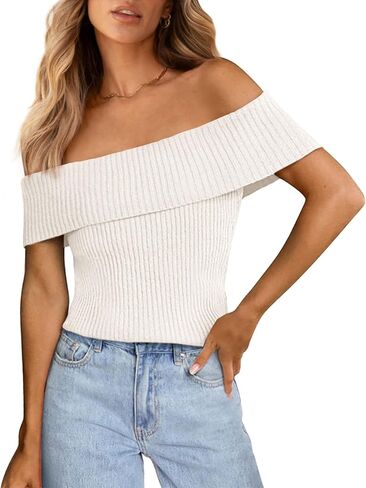 PRETTYGARDEN Women's 2025 Summer Off Shoulder Sweater Tops Ribbed Knit Short Sleeve Trendy Going Out Date Night Blouse in Saudi Arabia