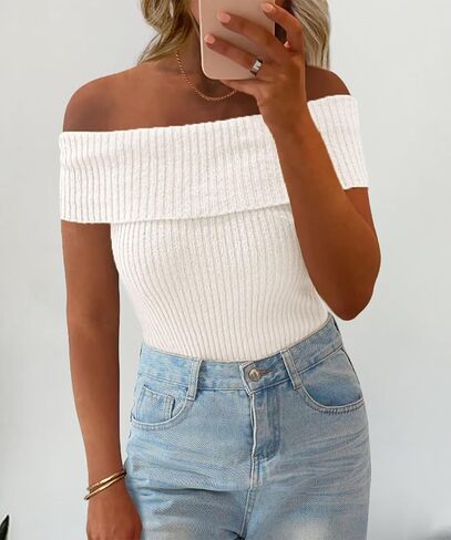 PRETTYGARDEN Women's 2025 Summer Off Shoulder Sweater Tops Ribbed Knit Short Sleeve Trendy Going Out Date Night Blouse in Saudi Arabia