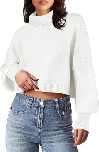 MEROKEETY Women's Turtleneck Cropped Sweater 2024 Batwing Sleeve Oversized Ribbed Knit Pullover Jumper Tops in Saudi Arabia