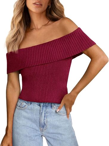PRETTYGARDEN Women's 2025 Summer Off Shoulder Sweater Tops Ribbed Knit Short Sleeve Trendy Going Out Date Night Blouse in Saudi Arabia