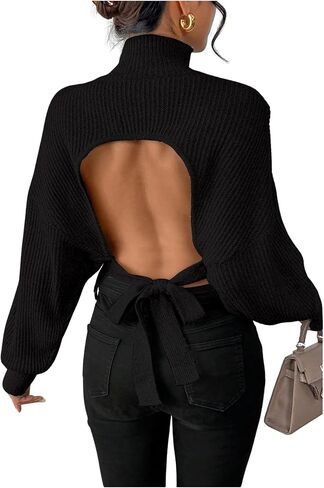 GORGLITTER Women's Bow Sweater Open Tie Back Long Sleeve Mock Neck Backless Pullover Top Fall Fashion 2024 in Saudi Arabia