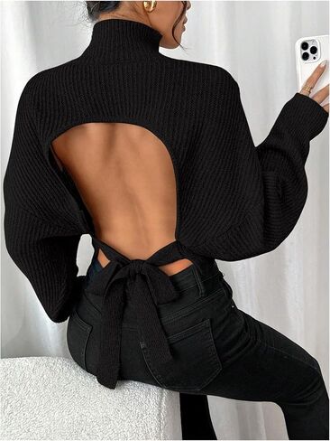 GORGLITTER Women's Bow Sweater Open Tie Back Long Sleeve Mock Neck Backless Pullover Top Fall Fashion 2024 in Saudi Arabia