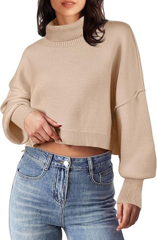 MEROKEETY Women's Turtleneck Cropped Sweater 2024 Batwing Sleeve Oversized Ribbed Knit Pullover Jumper Tops in Saudi Arabia