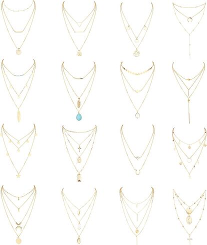 JOERICA 16 Pcs Gold Layered Necklaces Choker Chain Y Necklace Set for Women Disc Bar Shell Feather Horn Blessed Virgin Mary Pendant Necklace Jewelry Gift in Saudi Arabia