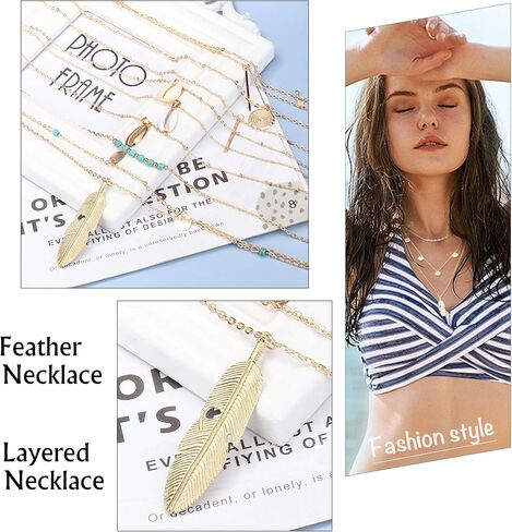 JOERICA 16 Pcs Gold Layered Necklaces Choker Chain Y Necklace Set for Women Disc Bar Shell Feather Horn Blessed Virgin Mary Pendant Necklace Jewelry Gift in Saudi Arabia