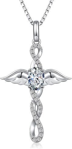 18K White Gold Plated Angel Wing Cross Necklace for Women 925 Sterling Silver Infinity Cross Pendant with Birthstone, Cross Jewelry Gift for Women with Gift Box in Saudi Arabia