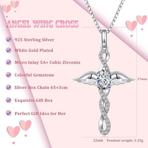 18K White Gold Plated Angel Wing Cross Necklace for Women 925 Sterling Silver Infinity Cross Pendant with Birthstone, Cross Jewelry Gift for Women with Gift Box in Saudi Arabia