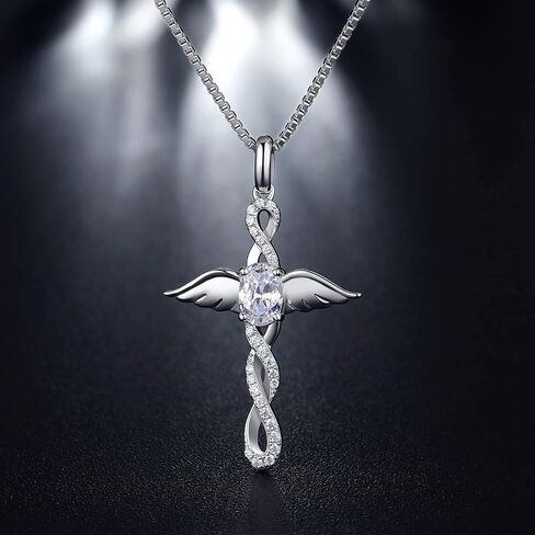 18K White Gold Plated Angel Wing Cross Necklace for Women 925 Sterling Silver Infinity Cross Pendant with Birthstone, Cross Jewelry Gift for Women with Gift Box in Saudi Arabia