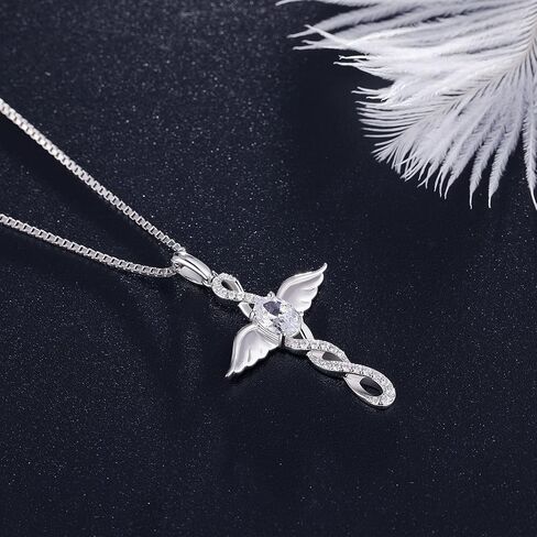 18K White Gold Plated Angel Wing Cross Necklace for Women 925 Sterling Silver Infinity Cross Pendant with Birthstone, Cross Jewelry Gift for Women with Gift Box in Saudi Arabia