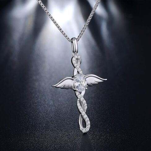 18K White Gold Plated Angel Wing Cross Necklace for Women 925 Sterling Silver Infinity Cross Pendant with Birthstone, Cross Jewelry Gift for Women with Gift Box in Saudi Arabia