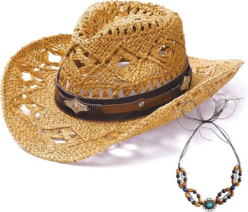 Faux Raffia Straw Western Cowboy Cowgirl Hat for Women or Ladies - Cute Wide Brim Decorative Bands in Kuwait