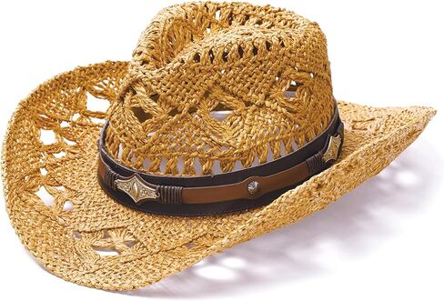 Faux Raffia Straw Western Cowboy Cowgirl Hat for Women or Ladies - Cute Wide Brim Decorative Bands in Kuwait