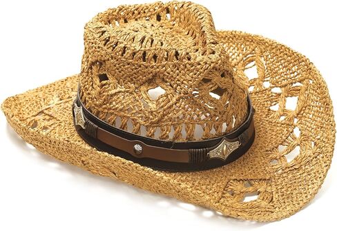 Faux Raffia Straw Western Cowboy Cowgirl Hat for Women or Ladies - Cute Wide Brim Decorative Bands in Kuwait