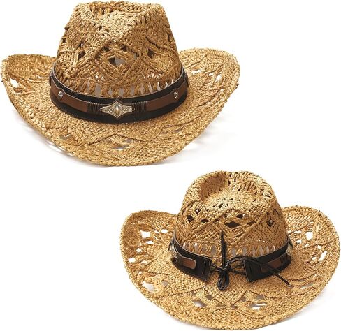 Faux Raffia Straw Western Cowboy Cowgirl Hat for Women or Ladies - Cute Wide Brim Decorative Bands in Kuwait