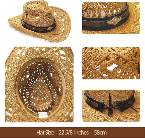 Faux Raffia Straw Western Cowboy Cowgirl Hat for Women or Ladies - Cute Wide Brim Decorative Bands in Kuwait