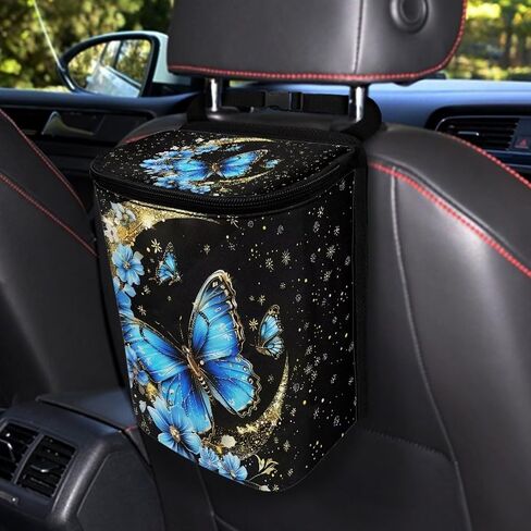 Butterfly Moon Print Car Trash Bag with Zipper Leakproof Car Trash Can Bin Auto Garbage Bag Collapsible Automotive Organizer Hanging Car Garbage Can in Kuwait