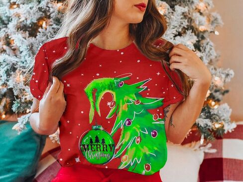 قميص عيد الميلاد للنساء شجرة عيد الميلاد عطلة قميص Whoville Tree تي شيرت عيد الميلاد مضحك الأخضر الوحش Crewneck تي شيرت in Kuwait