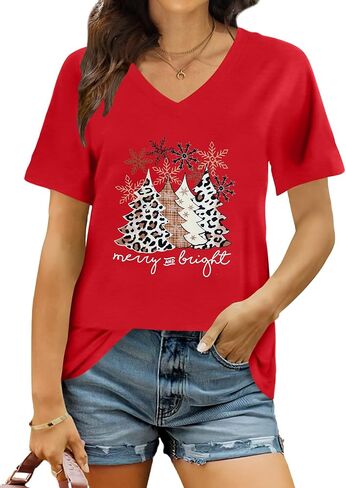 Christmas V Neck Shirt Womens Christmas Shirts Christmas Tree T-Shirt Merry Christmas Tee Holiday Tops in Saudi Arabia