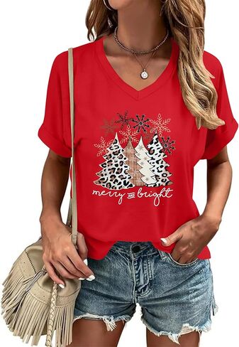 Christmas V Neck Shirt Womens Christmas Shirts Christmas Tree T-Shirt Merry Christmas Tee Holiday Tops in Saudi Arabia