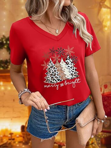 Christmas V Neck Shirt Womens Christmas Shirts Christmas Tree T-Shirt Merry Christmas Tee Holiday Tops in Saudi Arabia