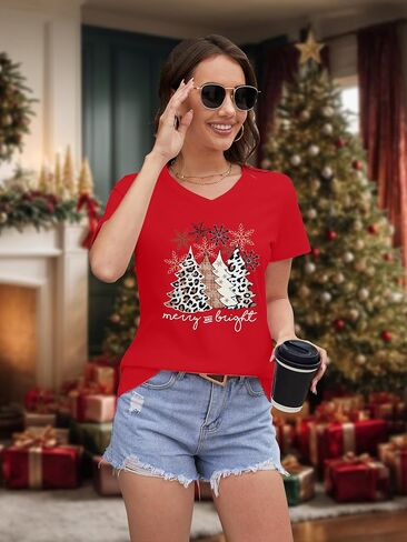 Christmas V Neck Shirt Womens Christmas Shirts Christmas Tree T-Shirt Merry Christmas Tee Holiday Tops in Saudi Arabia