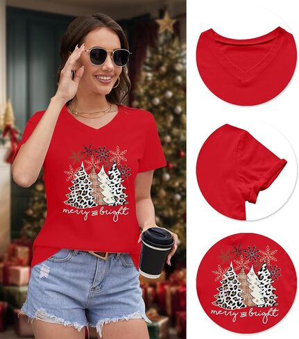 Christmas V Neck Shirt Womens Christmas Shirts Christmas Tree T-Shirt Merry Christmas Tee Holiday Tops in Saudi Arabia
