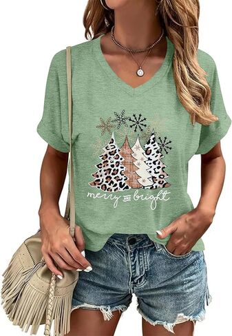 Christmas V Neck Shirt Womens Christmas Shirts Christmas Tree T-Shirt Merry Christmas Tee Holiday Tops in Saudi Arabia