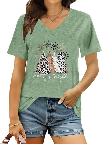 Christmas V Neck Shirt Womens Christmas Shirts Christmas Tree T-Shirt Merry Christmas Tee Holiday Tops in Saudi Arabia