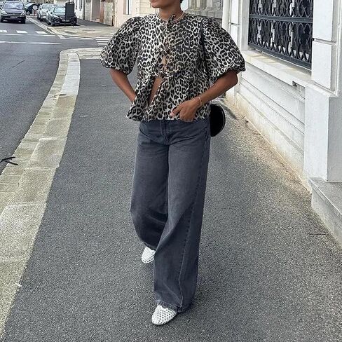 Tie Front Tops Womens Y2k Leopard Print Peplum Babydoll Top 3/4 Length Puff Sleeve Coquette Cute Going Out Tops in Saudi Arabia