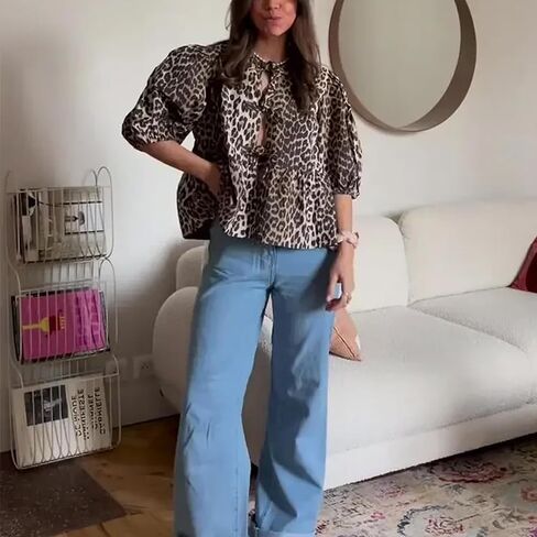 Tie Front Tops Womens Y2k Leopard Print Peplum Babydoll Top 3/4 Length Puff Sleeve Coquette Cute Going Out Tops in Saudi Arabia