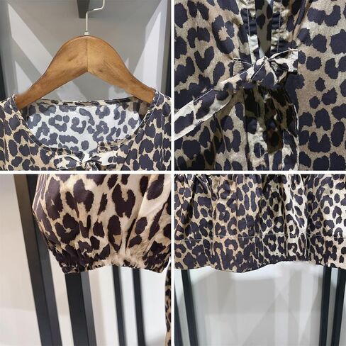 Tie Front Tops Womens Y2k Leopard Print Peplum Babydoll Top 3/4 Length Puff Sleeve Coquette Cute Going Out Tops in Saudi Arabia