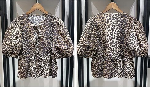Tie Front Tops Womens Y2k Leopard Print Peplum Babydoll Top 3/4 Length Puff Sleeve Coquette Cute Going Out Tops in Saudi Arabia