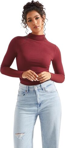 SUUKSESS Women Ribbed Modal Long Sleeve Casual Tops High Neck Going Out T Shirts in Saudi Arabia