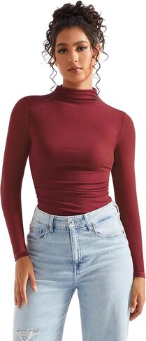 SUUKSESS Women Ribbed Modal Long Sleeve Casual Tops High Neck Going Out T Shirts in Saudi Arabia