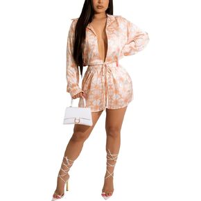 Women's Floral Button Down Romper Apricot Casual Long Sleeve Stand Collar Button Down Shirts Shorts One Piece Jumpsuit Outfit with Belt