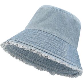 Washed Cotton Denim Bucket Hat, Summer Outdoor Wide Brim Lightweight Cap for Women, Beach Packable Travel Hat