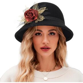 Women's Felt Flowers Church Bowler Hats - 1920s Vintage Wool Cloche Bucket Hat Elegant Basin Hat Fedora