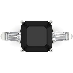 3.47ct Asscher Baguette cut 3 stone Solitaire with Accent Natural Black Onyx designer Modern Statement Ring 14k White Gold